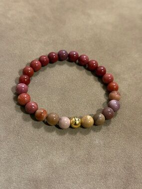 Stretch Beaded Bracelet with Red and Brown Gemstone Beads and Gold Accent